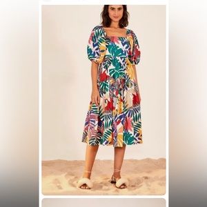 Farm Rio Off White Multi Color Macaw Dress Small Cotton Puff Sleeve Smocked Midi